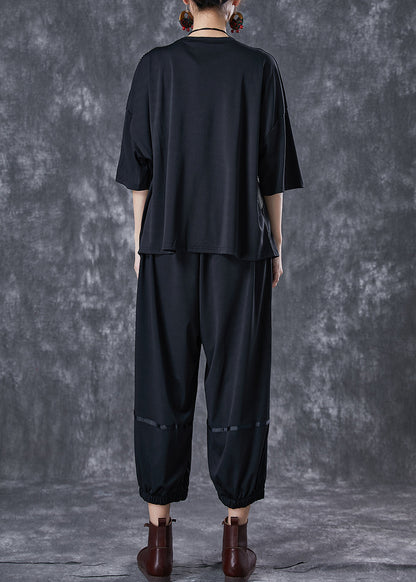 Black Cinched Patchwork Striped Cotton Two Piece Set Summer