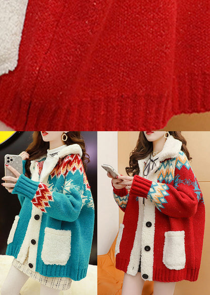 Blue Thick Cozy Button Patchwork Fall Knit Coat