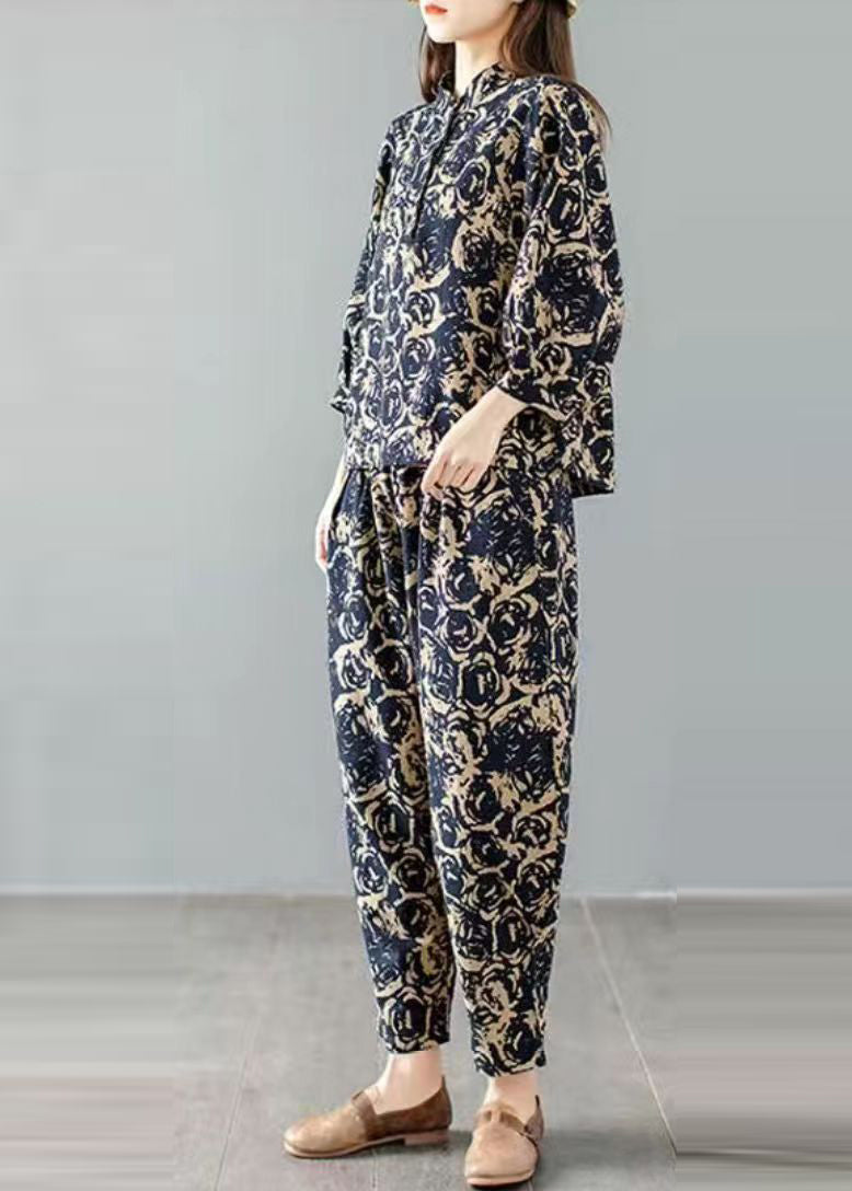 Handmade Blue Print Top and Harem Pants Two Pieces Set Spring