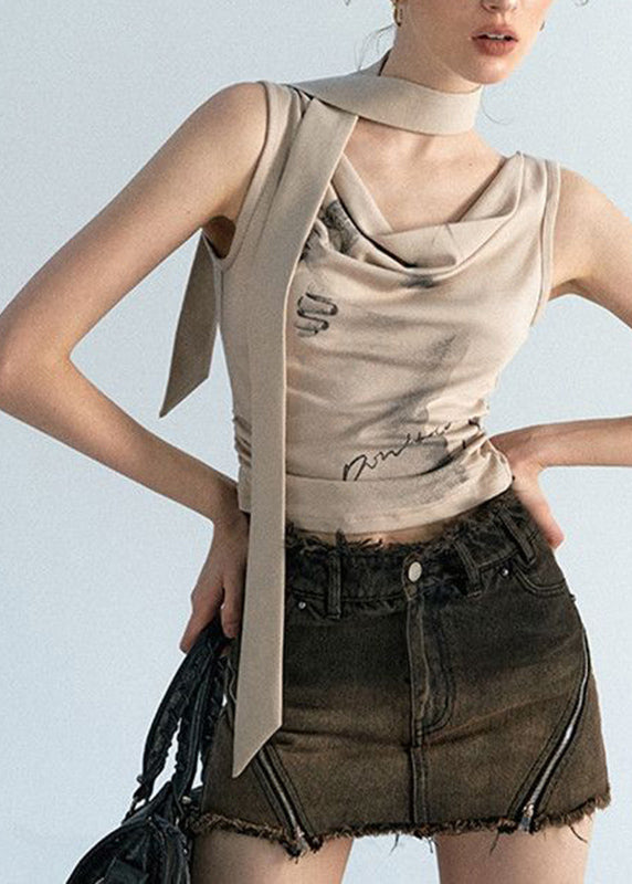 Khaki Print Beach Vest and Scarf Two Pieces Set Summer
