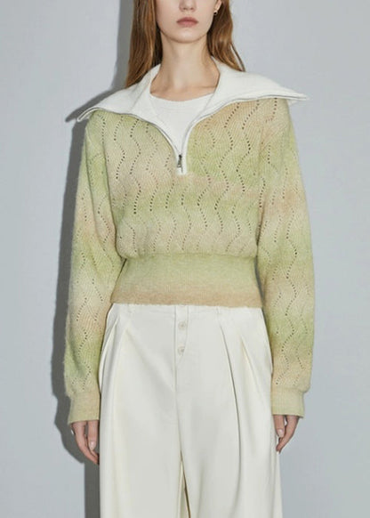 Green Zip Up Hollow Out Wool Knit Sweater Winter