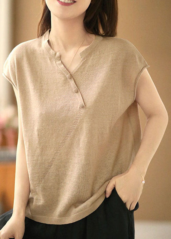 Beige V Neck Color Knit Tops Short Sleeve
