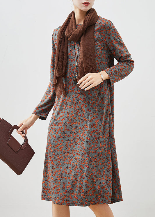 Grey Print Cotton Long Dress Spring