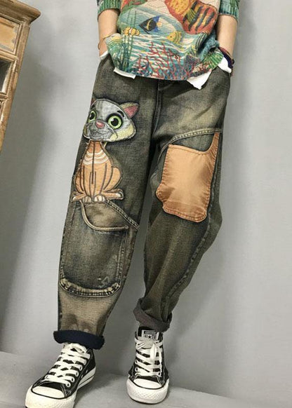 Cat Embroidery Patchwork Mid Waist Loose Denim Harem Jeans