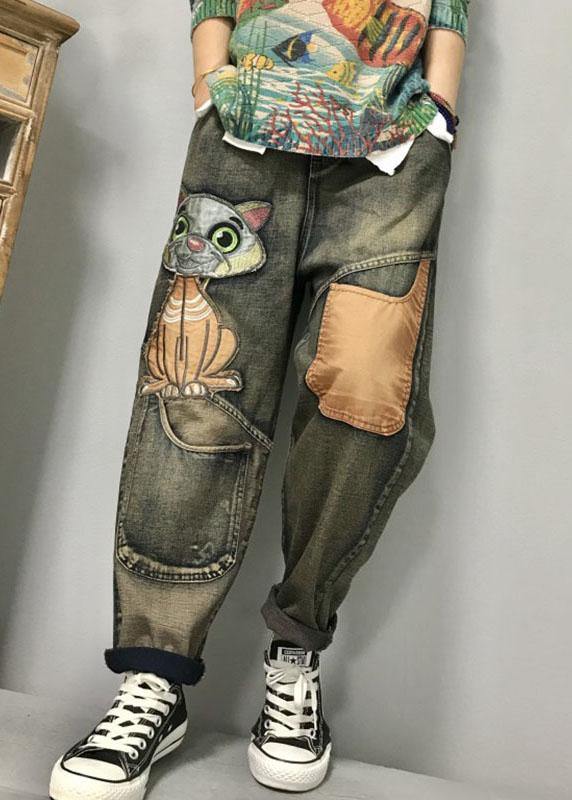 Cat Embroidery Patchwork Mid Waist Loose Denim Harem Jeans