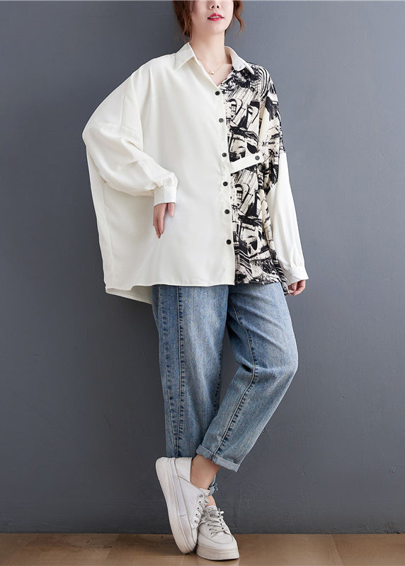 Italian White Peter Pan Collar Button Asymmetrical Design Print Shirt Top Batwing Sleeve