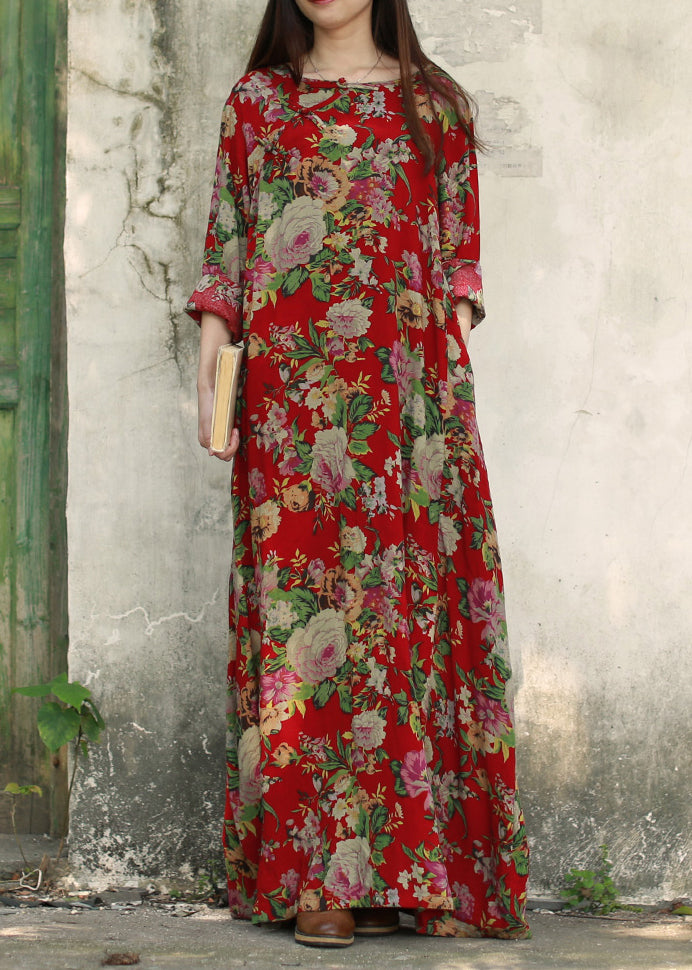 Dark Red O-neck Pocket Print Cotton Long Dresses Long Sleeve