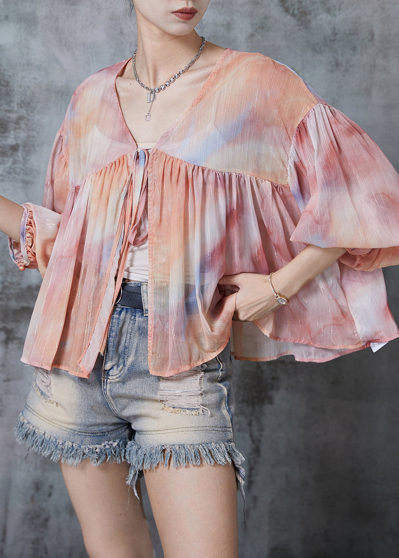Gradient Color Oversized Lace Up Chiffon Blouses Fall