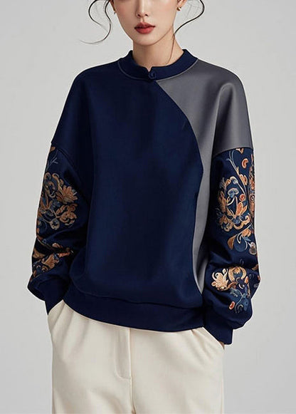 Navy Asymmetrical Patchwork Cotton Pullover Sweatshirt Spring