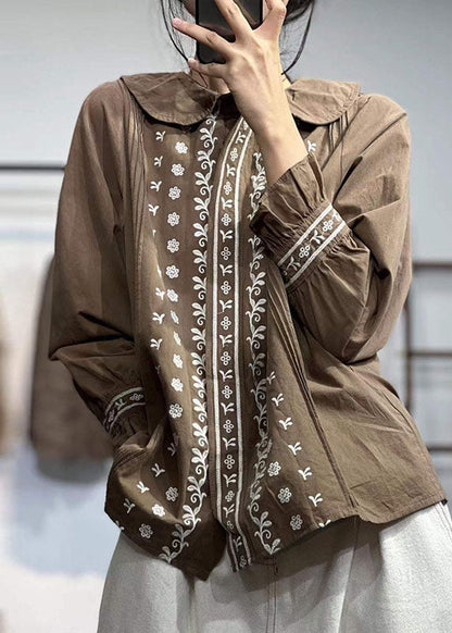 Chocolate Peter Pan Collar Embroideried Wrinkled Cotton Shirt Fall