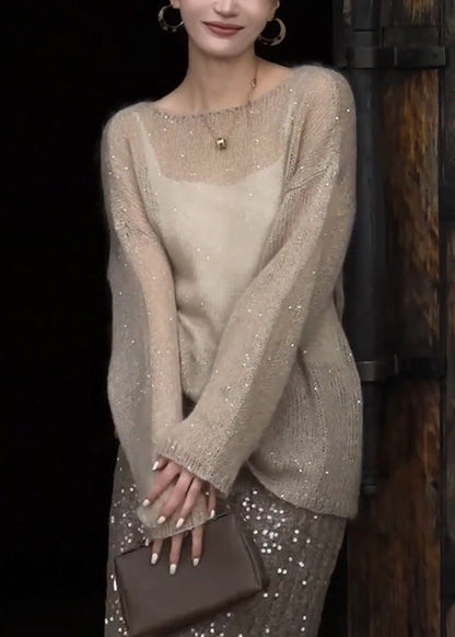 Champagne Color O Neck Sequins Thin Knit Top Fall