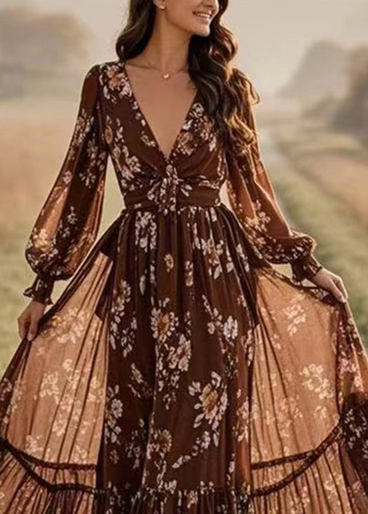 Loose Chocolate Patchwork Tunic Chiffon Long Dresses Lantern Sleeve Spring