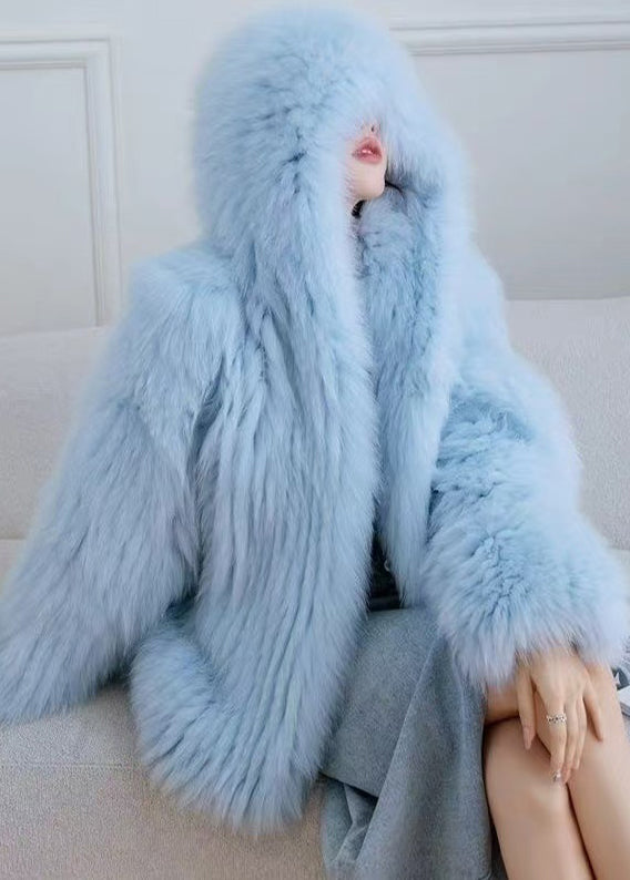 Blue Oversized Warm Fox Fur Hoodie Coat Winter