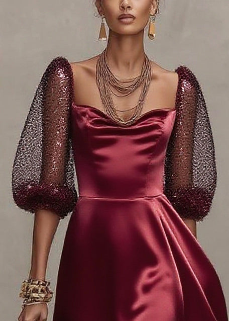 Mulberry Patchwork Exra Large Hem Tulle Dinner Dress Lantern Sleeve