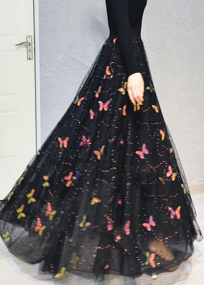 Italian Embroideried High Waist Sequins Tulle Maxi Skirts Spring