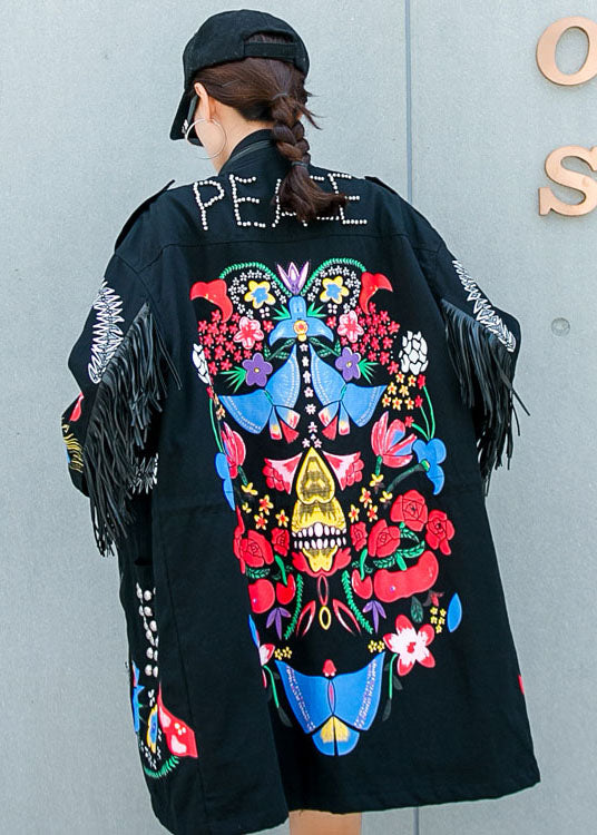 Art Black Tasseled Rivet Zippered Tie Waist Fall Long Sleeve Coat