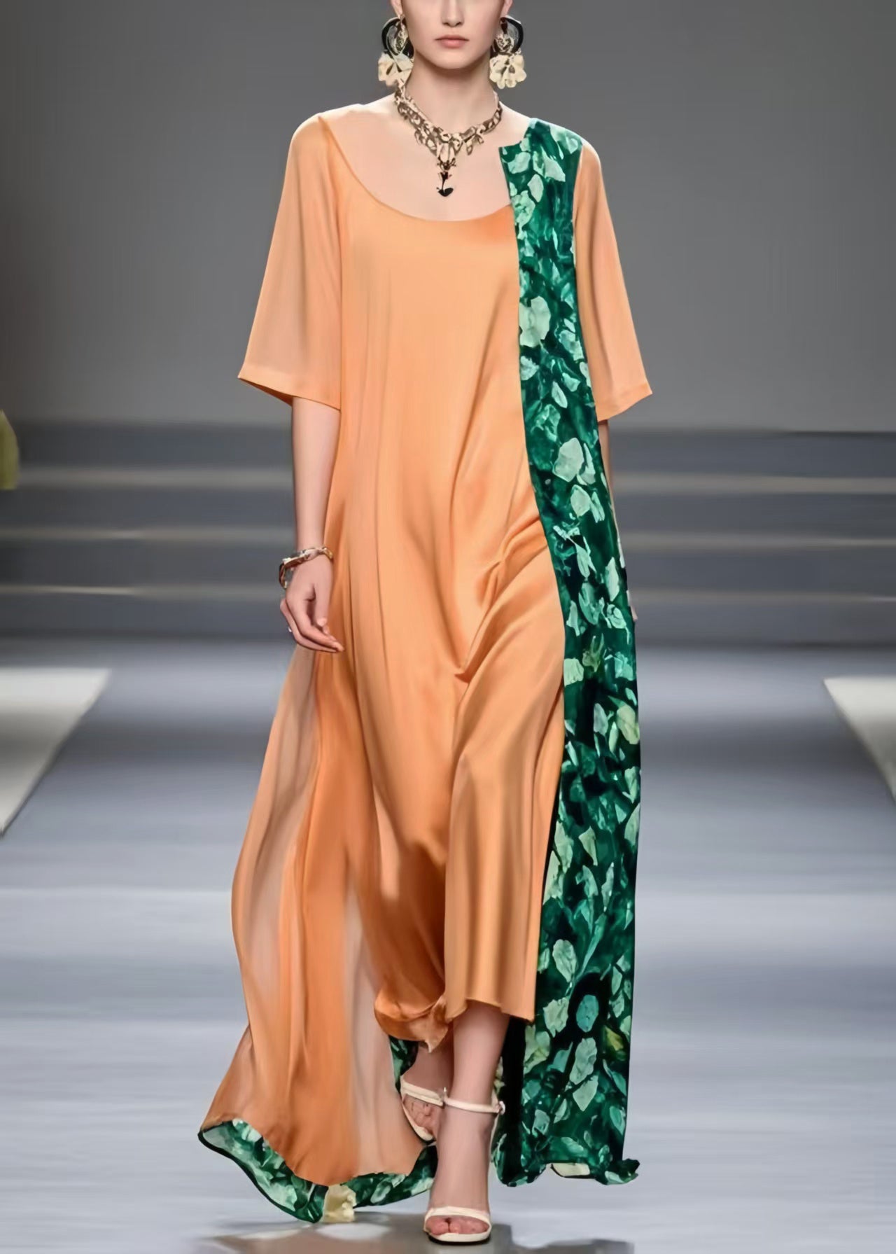 Brick Red Asymmetrical Patchwork Chiffon Dress Summer