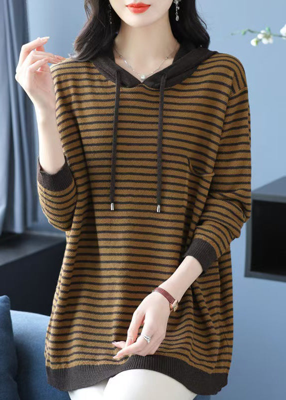 Yellow Hooded Striped Woolen Knit Sweaters Winter