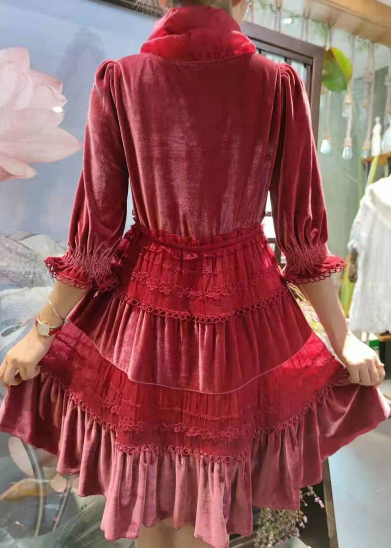Fitted Red ?cinched Patchwork Velour Party Dress Spring