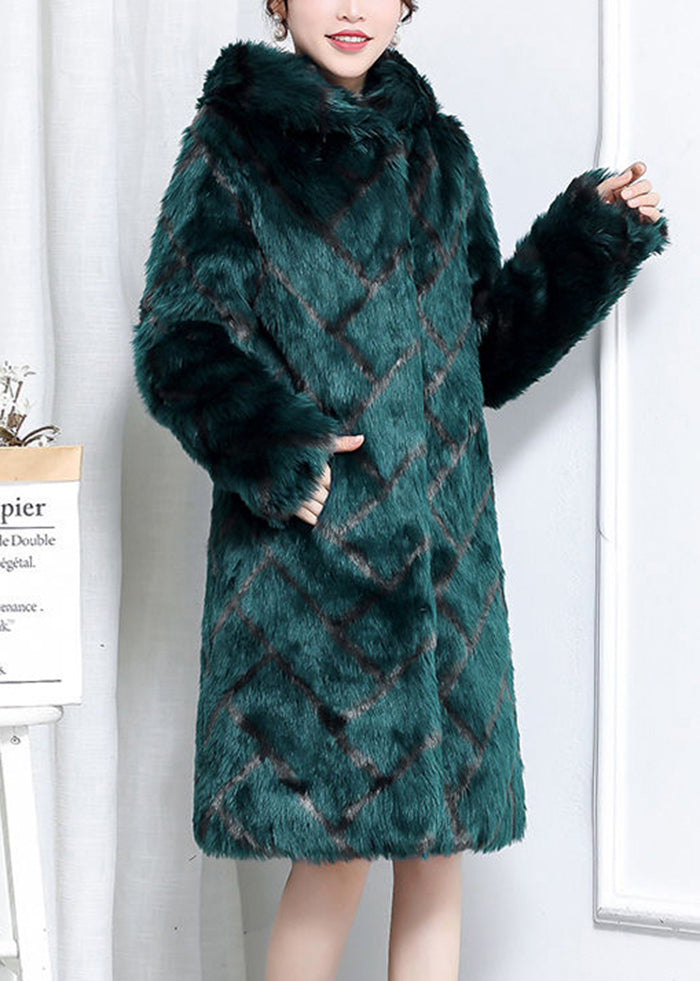 Green Hooded Plaid Faux Fur Coats Winter