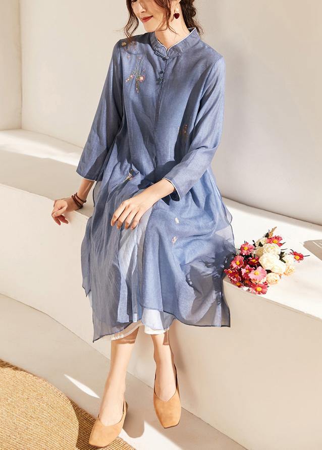 Blue Print Patchwork Button Summer Blended Holiday Dress