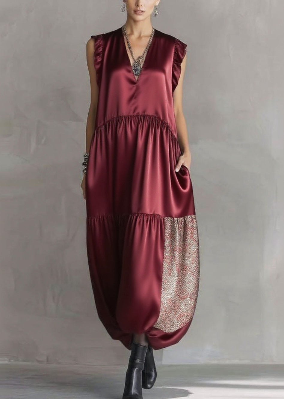 Mulberry Sequins Patchwork Silk Long Dress Sleeveless