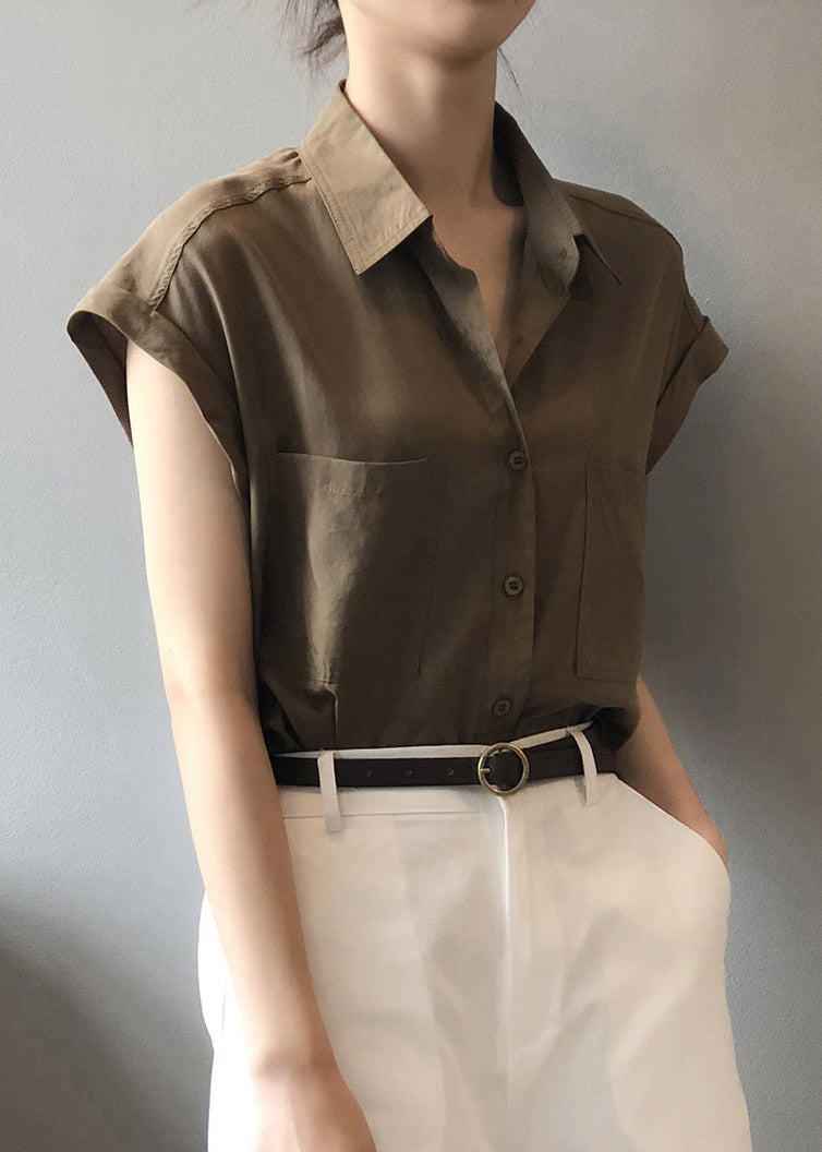 Coffee Button Loose Shirts Short Sleeve