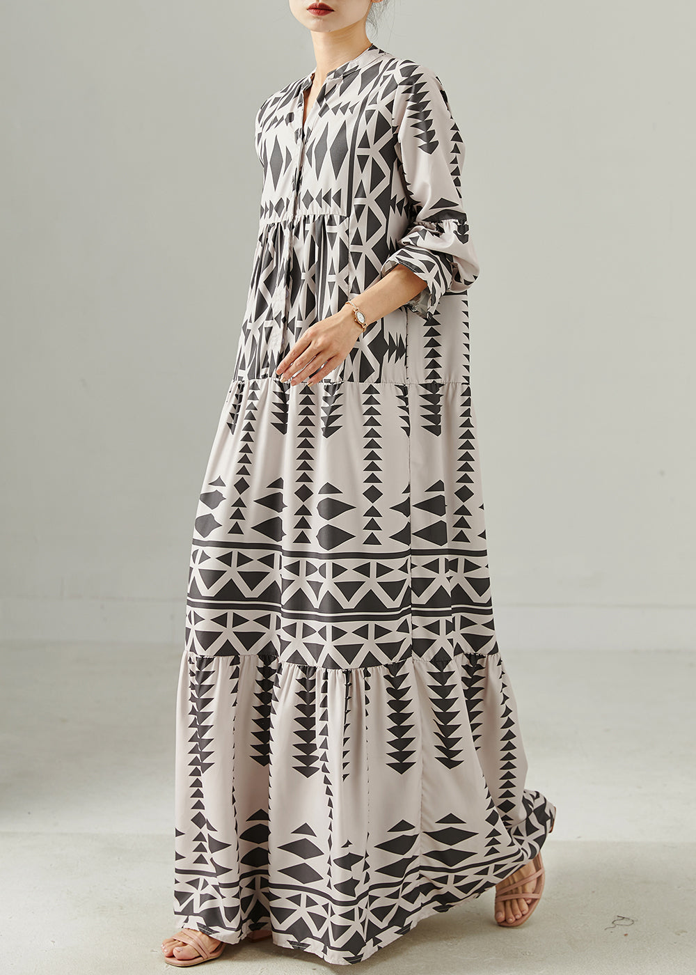 Grey Oversized Print Chiffon Dress Spring