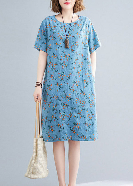 Loose Flower Number Two O-neck Print Linen Mid Dress Short Sleeve