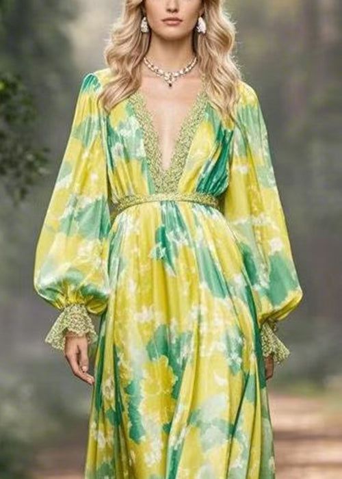 Fine Green Print High Waist Chiffon Maxi Dresses Flare Sleeve Fall
