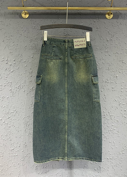 Style Blue Front Open Pockets Patchwork Denim Skirts Spring