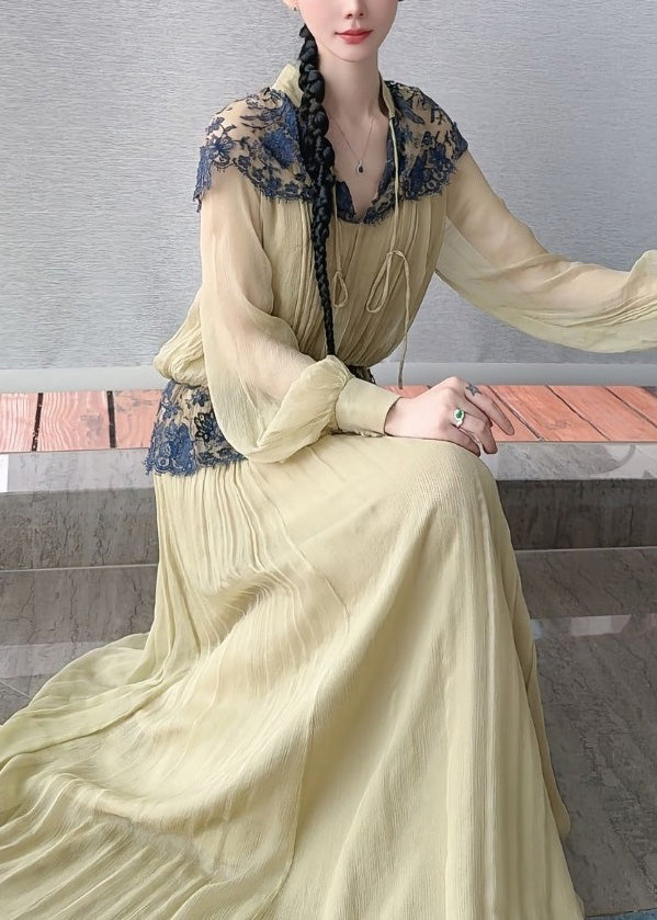 Light Green Lace Patchwork Top and Maxi Skirts Two Piece Set Lantern Sleeve