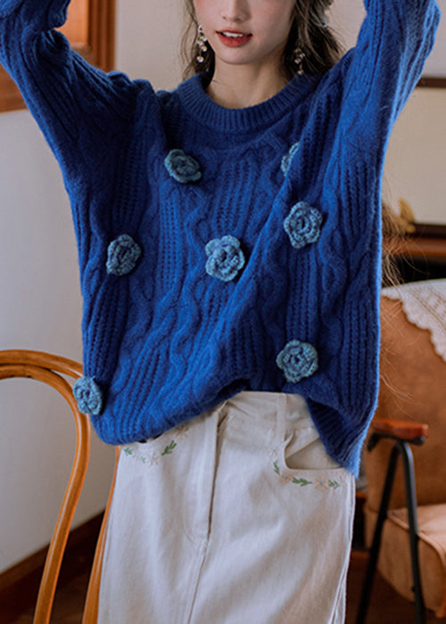 Original Blue O Neck Cozy Knit Sweater Winter