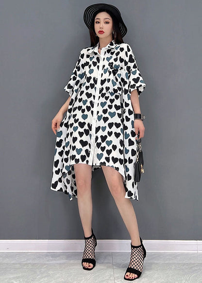French Grey Peter Pan Collar Asymmetrical Design Heart-shaped Print Chiffon Shirt Dress Short Sleeve