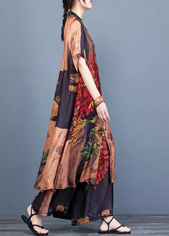 Chocolate Print Silk Shirt Dress and Wide Leg Pants Two Pieces Set Thin Half Sleeve