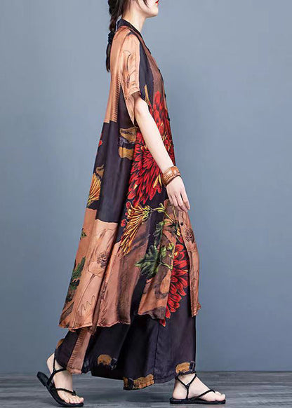 Chocolate Print Silk Shirt Dress and Wide Leg Pants Two Pieces Set Thin Half Sleeve