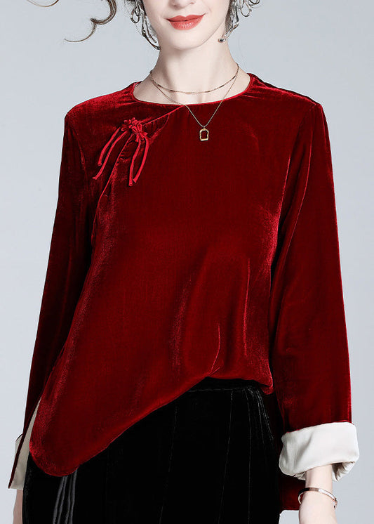 Natural Mulberry O-neck Side Open Silk Velour Shirts Long Sleeve