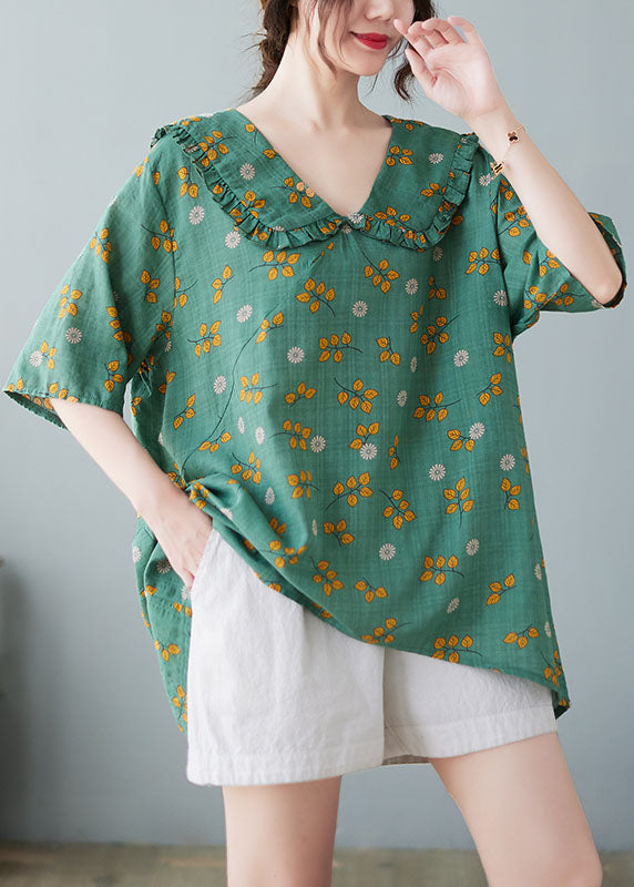 Green Peter Pan Collar Ruffled Print Linen Tops Half Sleeve