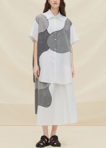 Light Grey Peter Pan Collar Patchwork Cotton Two Pieces Set Summer