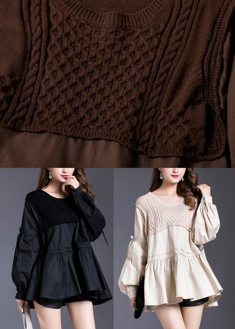 Black Asymmetrical Patchwork Cotton Tops Spring