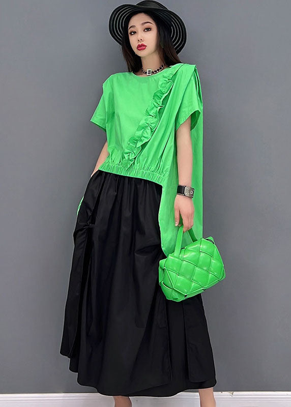 Green Asymmetrical Ruffled Patchwork Low High Design Two Piece Set Clothing Summer