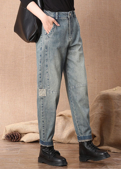 Blue High Waist Button Pockets Patchwork Cotton Denim Pants Summer