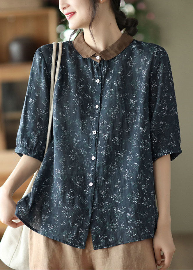 Navy Peter Pan Collar Print Linen Shirts Half Sleeve