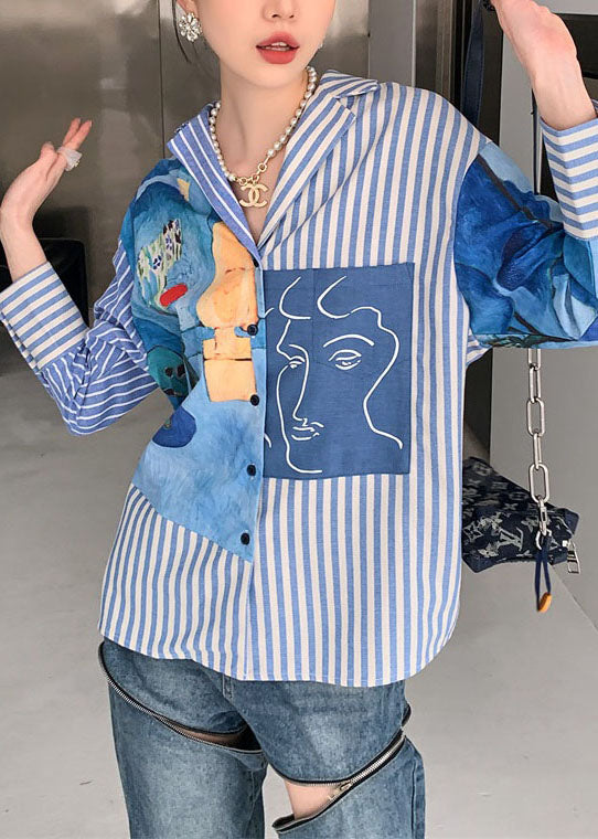 Blue Peter Pan Collar Striped Print Cotton Shirts Spring