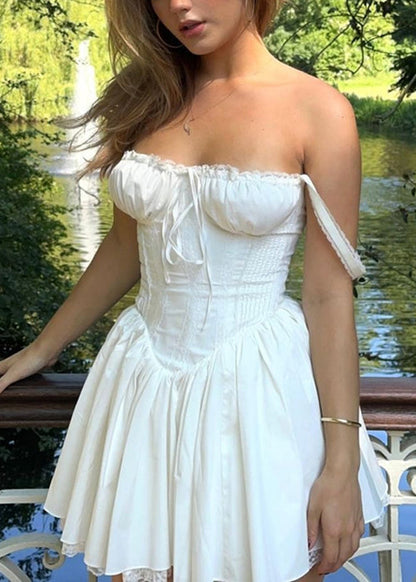 Slim Fit White Lace Cotton Mid Dress Sleeveless