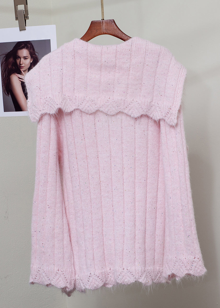 Pink Fox Fur Button Patchwork Knit Sweater