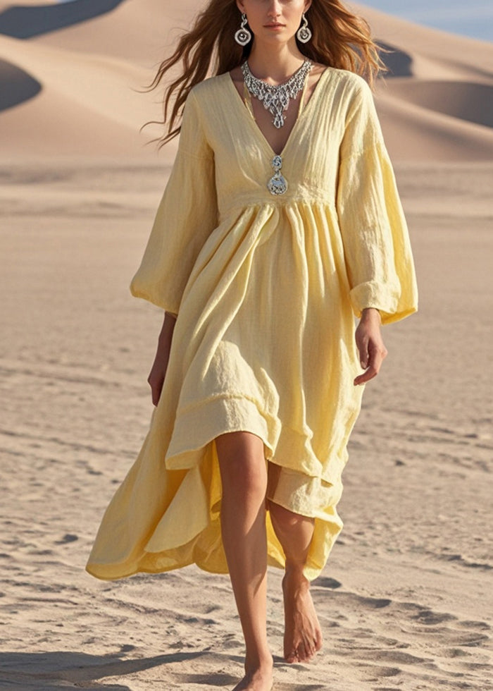 Yellow Exra Large Hem Cotton Holiday Dress Fall