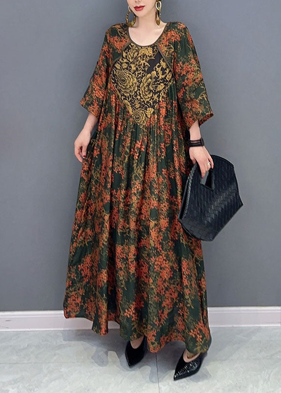 Green O Neck Print Patchwork Cotton Maxi Dresses Spring