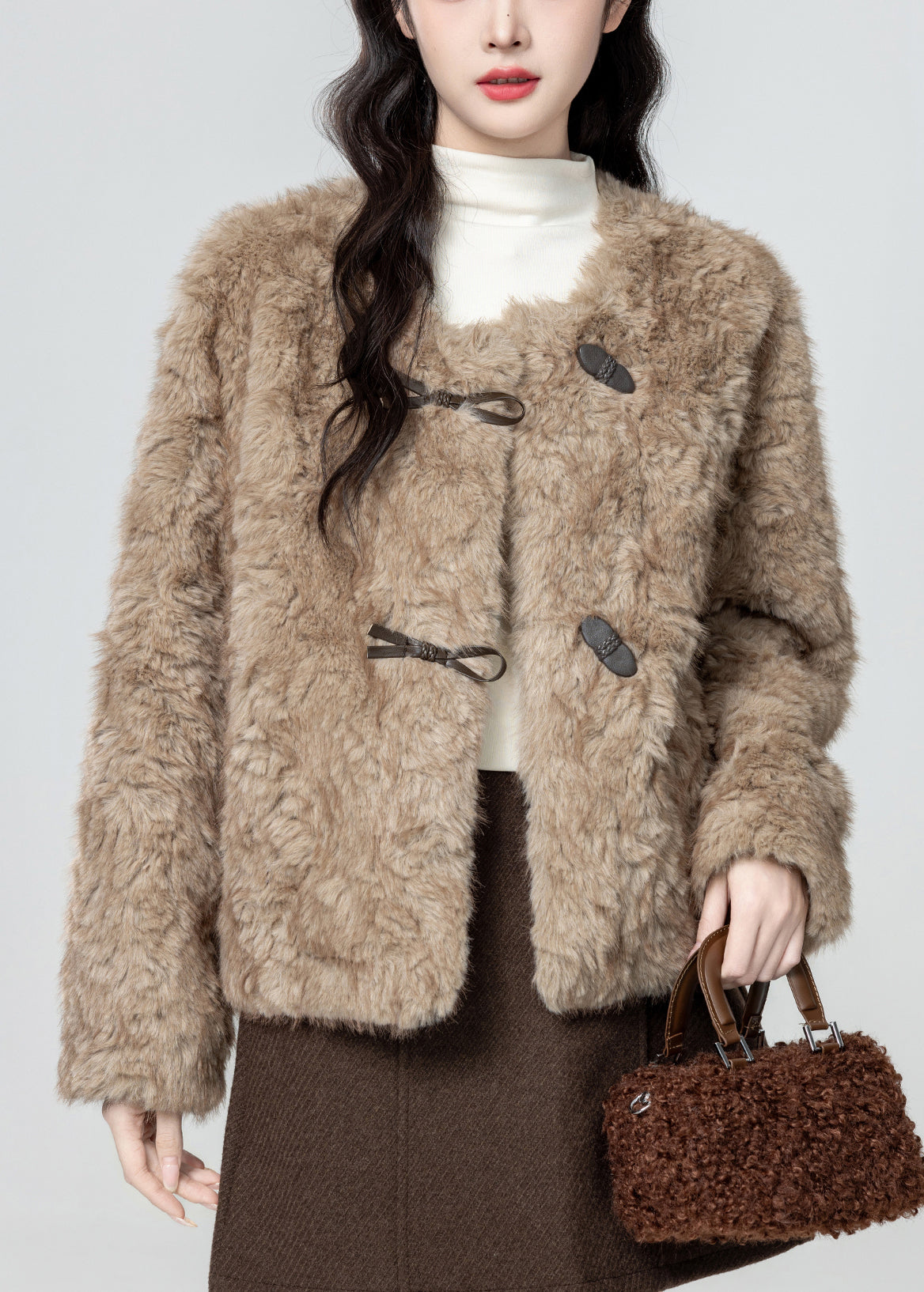 Khaki O Neck Button Teddy Faux Fur Coat Winter