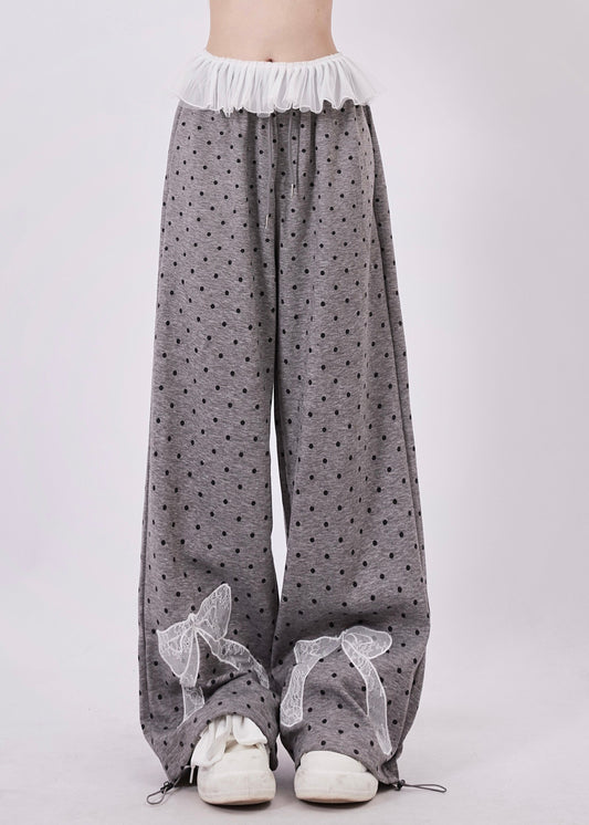Grey Dot Bow Lace Patchwork Cotton Wide Leg Pants Spring